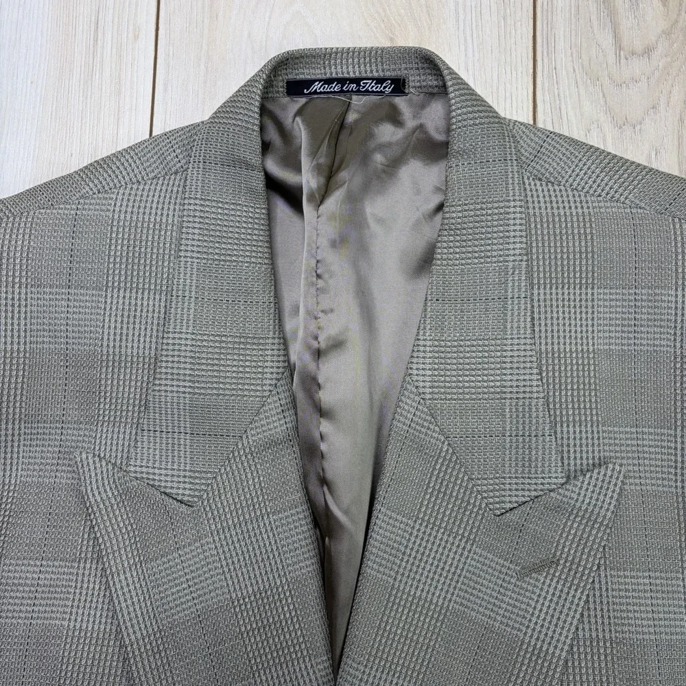 MANI Wool Linen Glen Plaid Striped Double Breasted Blazer Mens 44L Made In Italy